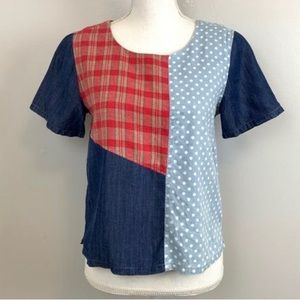 MOVINT NEW YORK DENIM PLAID POLKA DOT PATCHES SHORT SLEEVE BLOUSE TOP